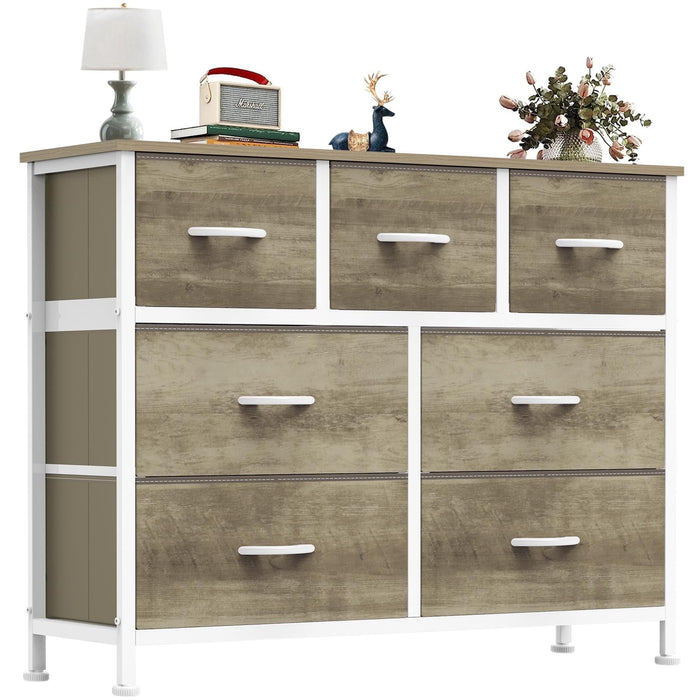 Ethovia 7-Drawer Fabric Storage Dresser, Sturdy Steel Frame with Wooden Tabletop, Wide Foldable Bins, Perfect for Bedroom, Hallway, and Entryway, Smoked Ash
