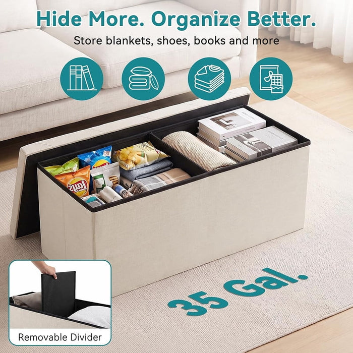 Nextay 43" Folding Storage Ottoman Bench, Linen Fabric Footrest Stool with Hidden Storage, Beige