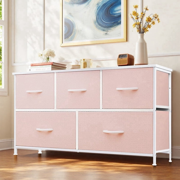 Ethovia 5-Drawer Fabric Storage Dresser, Sturdy Steel Frame with Wooden Tabletop, Wide Foldable Bins, Perfect for Bedroom, Hallway, and Entryway, Pink