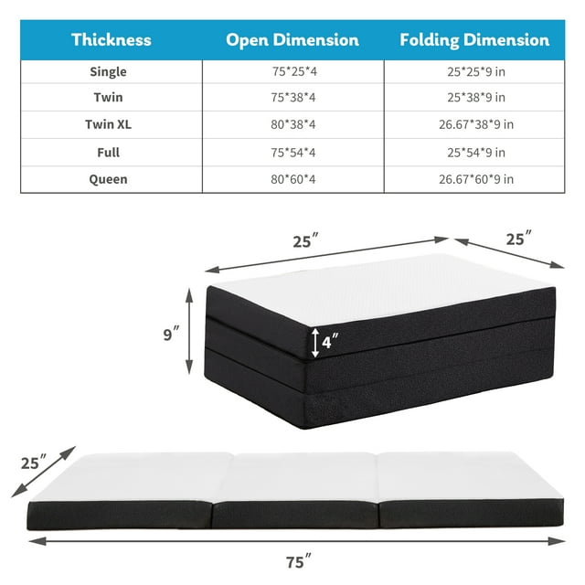 Blorly 4-inch Tri Folding Memory Foam Mattress with Removable Cover,Tri-Fold Mattress