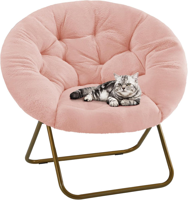 TINKLE WELL Cozy Saucer Chair, Foldable Lounge Faux Fur Seat for Home & Camping, Soft Padded Cushion with Metal Frame, Design for Kids & Adults
