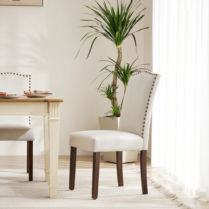 TINKLE WELL Living Room, Upholstered Leather Dining, Parsons Nailhead Trim and Wood Legs（2PCS）-Cream