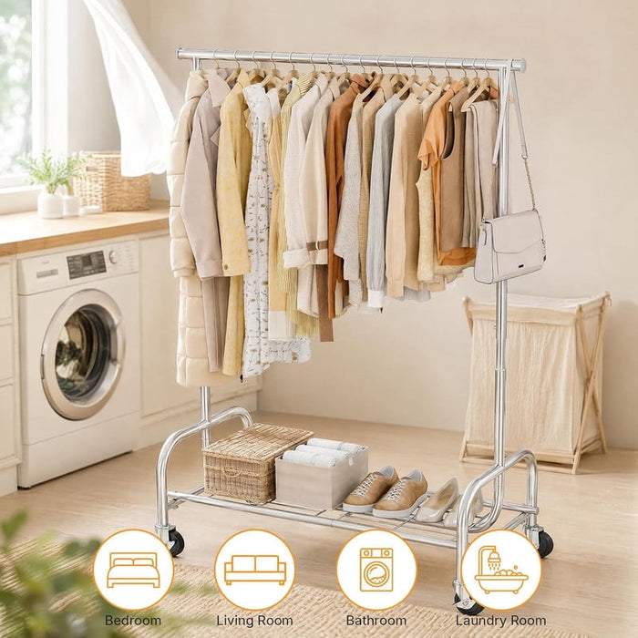 Nextay Garment Rack, Rolling Clothes Rack with Mesh Storage Shelf, Lockable Wheels & Adjustable Width, Portable Closet for Bedroom, Laundry, Apartment, Silver