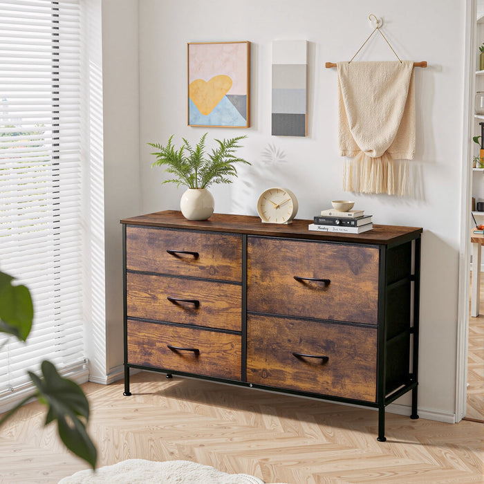 Betcozy Dresser, Storage Organizer with 5 Drawers for Bedroom, Chest of Drawers with Fabric Bins, Sturdy Metal Frame, Wood Tabletop for Guest Room, Closet, Entryway, Nursery, Rust