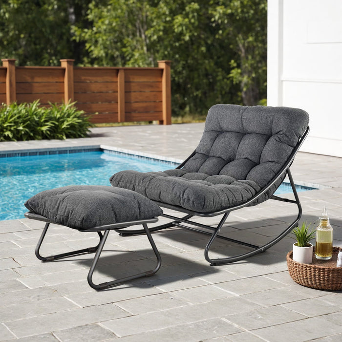 Betcozy Rocking Chair with Foot Stool, Outdoor/Indoor E-Coated Modern Cozy Rocker Chair with Cushion for Balcony Porch Patio, Gray