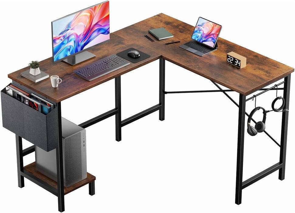 Simenmax Reversible L-Shaped Computer Desk with Storage Bag & CPU Holder, Corner Gaming Workstation, Brown