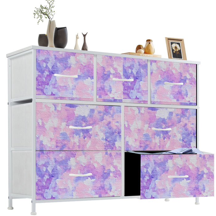 Sybels Dresser with 9 Drawers, Retro Floral Pattern Fabric Bins with Wooden Top for Bedroom, Closet, Nursery Entryway Hall, White