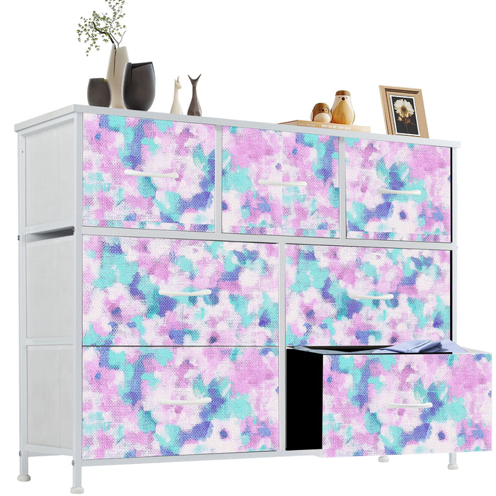 Sybels Dresser with 9 Drawers, Retro Floral Pattern Fabric Bins with Wooden Top for Bedroom, Closet, Nursery Entryway Hall, White