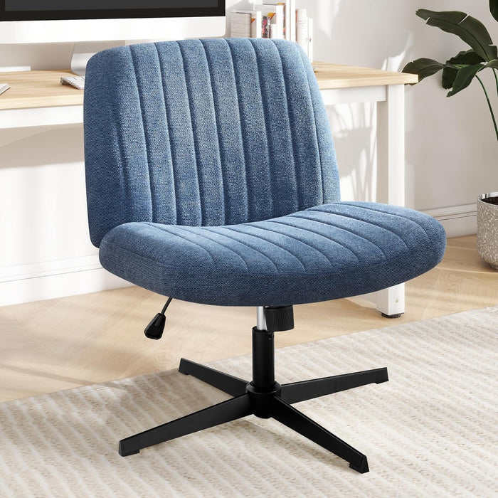 Bigleap Criss Cross Chair, Cross Legged Office Chair, Wide Comfty Desk Chair, No Wheels Armless Computer Task Chair, Swivel Fabric Vanity Home Chair, Height Adjustable-blue