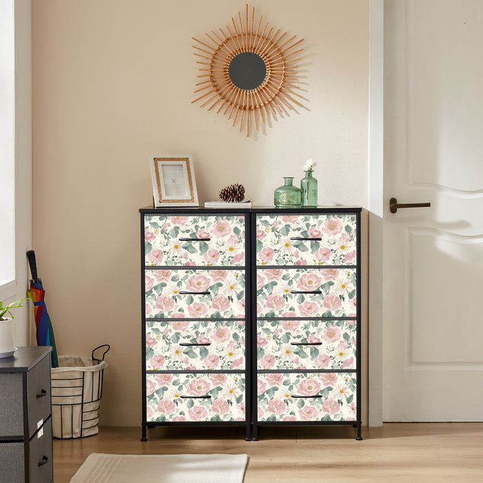 Sybels Dresser with 9 Drawers, Retro Floral Pattern Fabric Bins with Wooden Top for Bedroom, Closet, Nursery Entryway Hall, White