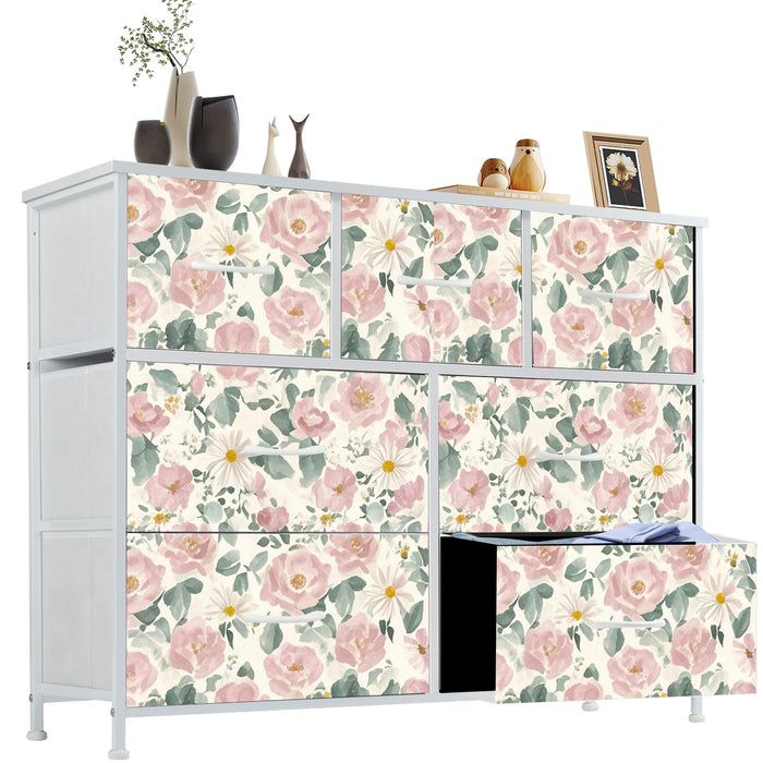 Sybels Dresser with 9 Drawers, Retro Floral Pattern Fabric Bins with Wooden Top for Bedroom, Closet, Nursery Entryway Hall, White