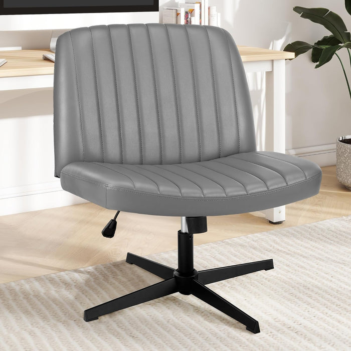 Criss Cross Chair, Cross Legged Office Chair, Wide Comfty Desk Chair, No Wheels Armless Computer Task Chair, Swivel Fabric Vanity Home Chair, Height Adjustable Grey