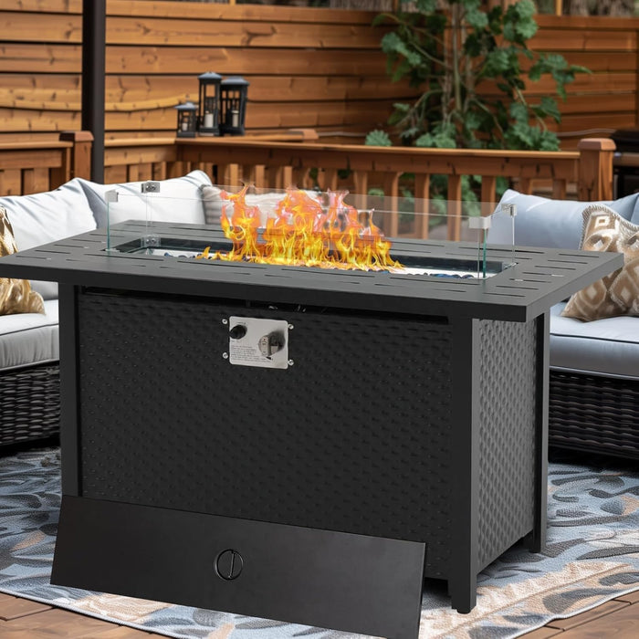Bigleap Propane Fire Pit 45 Inch Rectangle Outdoor Gas Fire Pits, 50,000 BTU Fire Table with Steel Tabletop, Glass Wind Guard, Blue Glass Stone and Waterproof Cover for Outside Patio, Garden, Deck, Yard