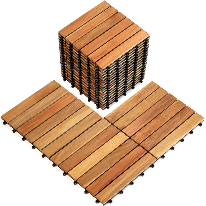 Beddle 10 Pack Deck Tiles Interlocking Solid Wood Outdoor Flooring Waterproof 12"X12" for Patio Porch Garden Balcony Poolside-6 Slats