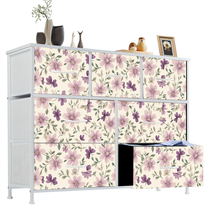 Sybels Dresser with 9 Drawers, Retro Floral Pattern Fabric Bins with Wooden Top for Bedroom, Closet, Nursery Entryway Hall, White