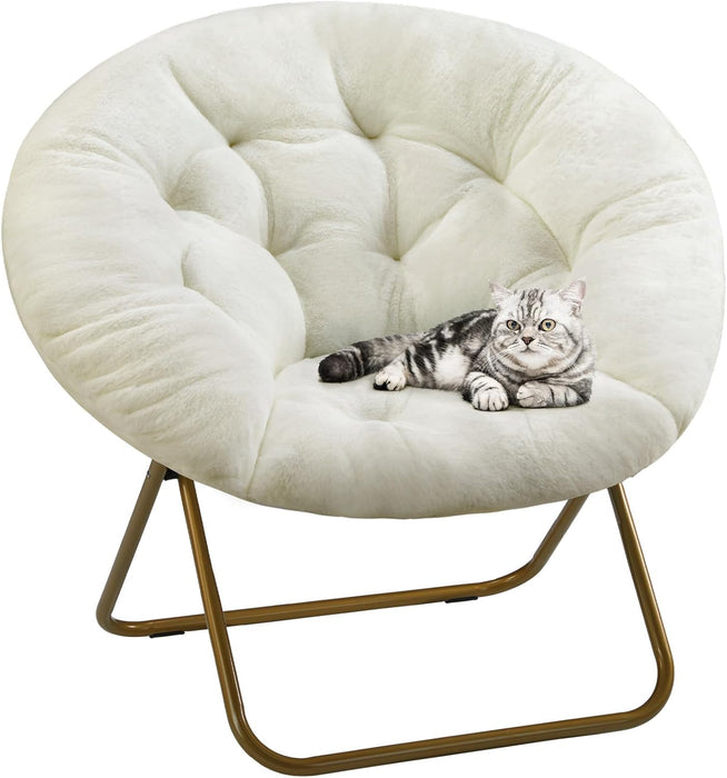 TINKLE WELL Cozy Saucer Chair, Foldable Lounge Faux Fur Seat for Home & Camping, Soft Padded Cushion with Metal Frame, Design for Kids & Adults