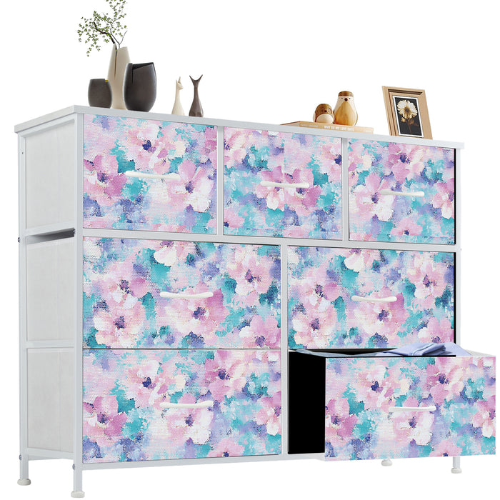 Sybels Dresser with 9 Drawers, Retro Floral Pattern Fabric Bins with Wooden Top for Bedroom, Closet, Nursery Entryway Hall, White