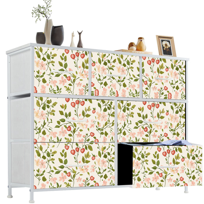 Sybels Dresser with 9 Drawers, Retro Floral Pattern Fabric Bins with Wooden Top for Bedroom, Closet, Nursery Entryway Hall, White