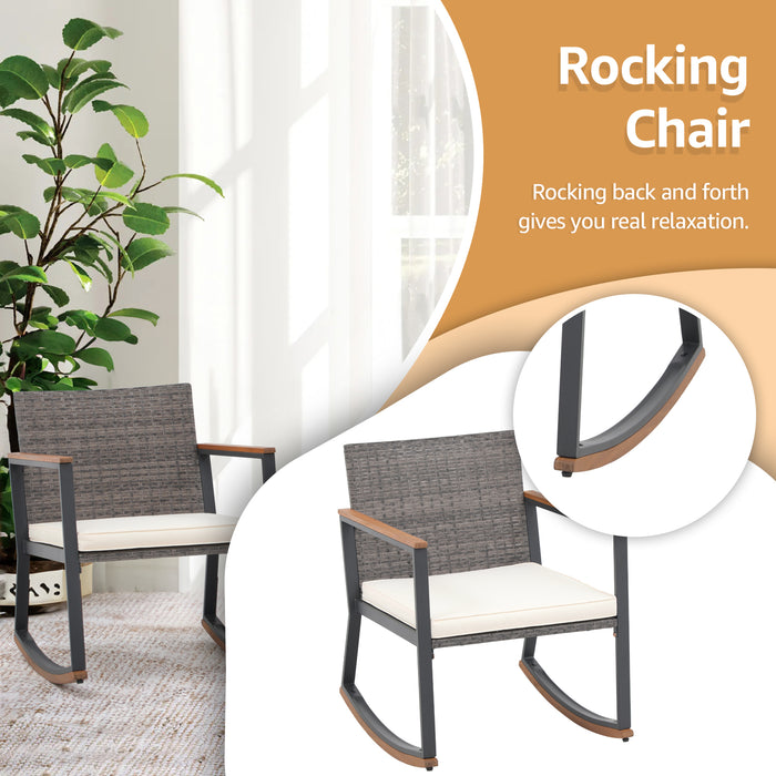 3 Pieces Rocking Bistro Set, Patio Rattan Furniture Conversation Chairs with Coffee Table & Cushions for Balcony Porch Poolside