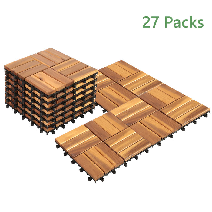 TINKLE WELL 10-Pack Interlocking Solid Wood Deck Tiles, 12"x12" Waterproof Outdoor Flooring for Patio, Garden, Poolside, Stripe