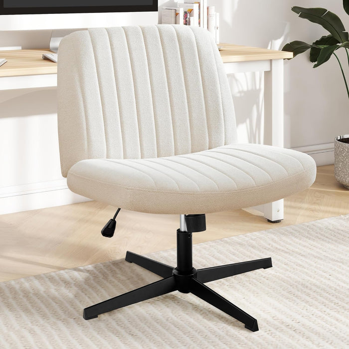 Criss Cross Chair, Cross Legged Office Chair, Wide Comfty Desk Chair, No Wheels Armless Computer Task Chair, Swivel Fabric Vanity Home Chair, Height Adjustable-White 01