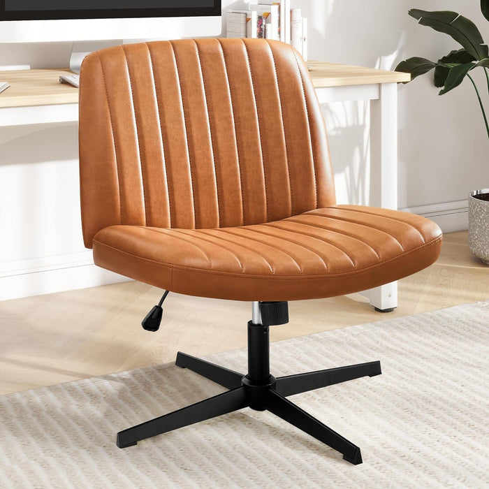 Criss Cross Chair, Cross Legged Office Chair, Wide Comfty Desk Chair, No Wheels Armless Computer Task Chair, Swivel Vanity Home Chair, Height Adjustable-Brown