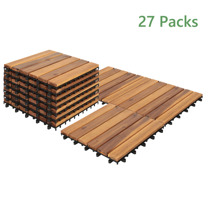 TINKLE WELL 10-Pack Interlocking Solid Wood Deck Tiles, 12"x12" Waterproof Outdoor Flooring for Patio, Garden, Poolside, Stripe