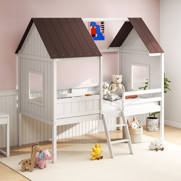 Taoset Twin Loft House Bed Frame with Window, Detachable Roof, Ladder and Safety Guardrail, Montessori Loft Bed, 350 lbs Heavy Capacity