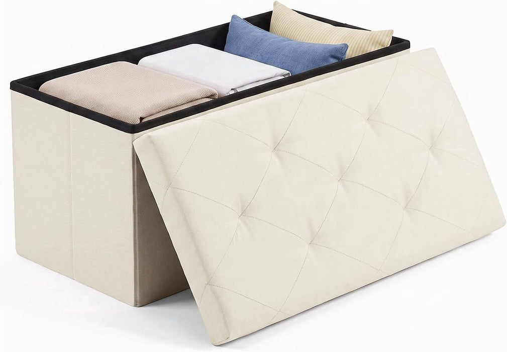 Simenmax 30-Inch Folding Storage Ottoman Bench, Linen Foot Rest Stool with Padded Seat, Heavy-Duty Bedroom Bench for Living Room, Entryway, or Home Office,Beige