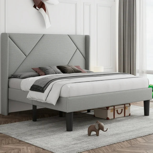 King Size Upholstered Platform Wooden Bed Frame, Solid Wooden Platform Bed No Box Spring Needed, Noise-Free Bed Foundation with Wingback, Light Grey