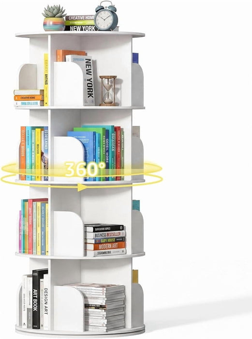 Bigleap 360° Rotating Bookshelf Tower – 4-Tier White Spinning Bookcase for Small Spaces, Corner Storage Rack for Bedroom, Office