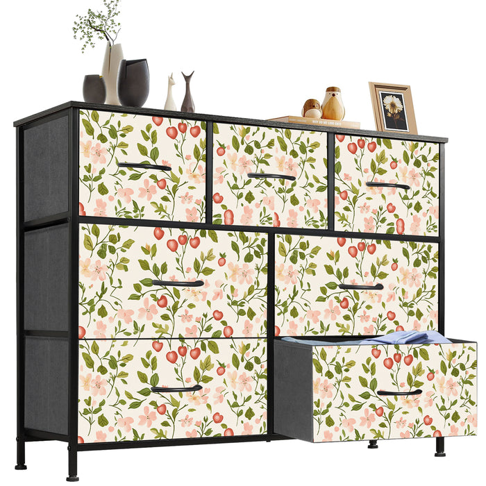Sybels Dresser with 9 Drawers, Retro Floral Pattern Fabric Bins with Wooden Top for Bedroom, Closet, Nursery Entryway Hall, White