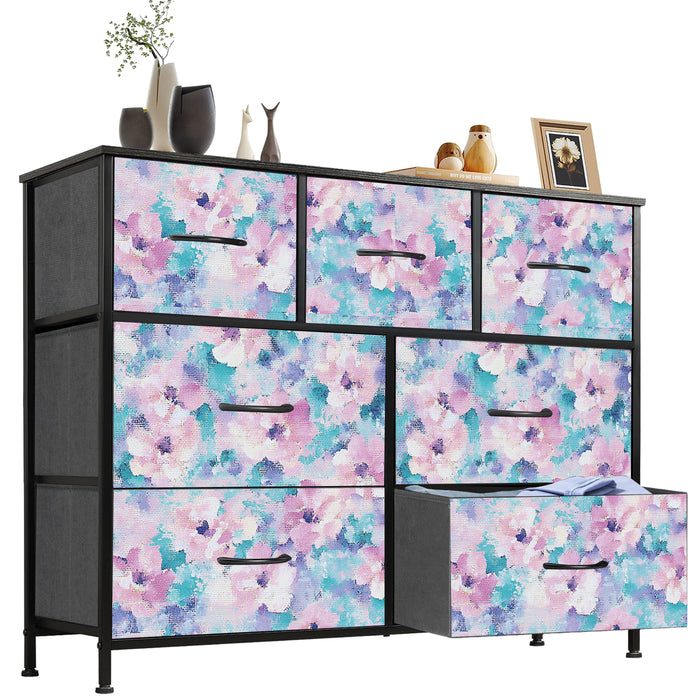 Sybels Dresser with 9 Drawers, Retro Floral Pattern Fabric Bins with Wooden Top for Bedroom, Closet, Nursery Entryway Hall, White