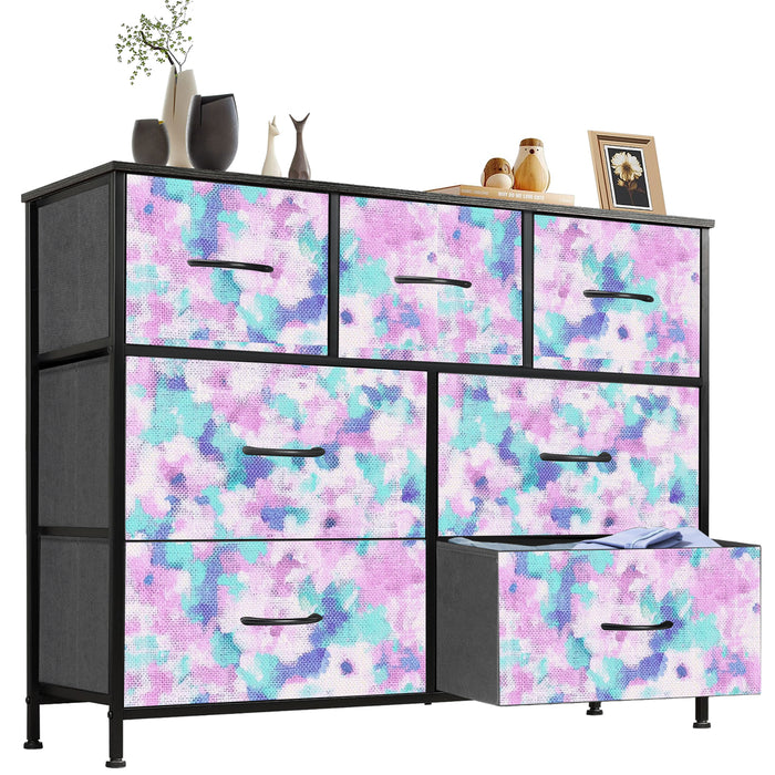 Sybels Dresser with 9 Drawers, Retro Floral Pattern Fabric Bins with Wooden Top for Bedroom, Closet, Nursery Entryway Hall, White