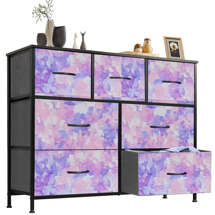 Sybels Dresser with 9 Drawers, Retro Floral Pattern Fabric Bins with Wooden Top for Bedroom, Closet, Nursery Entryway Hall, White