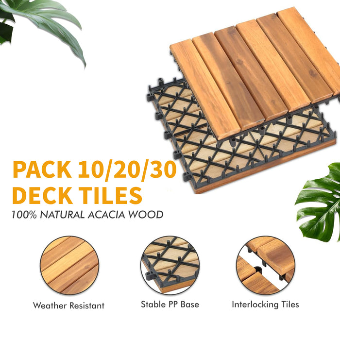 Beddle 10 Pack Deck Tiles Interlocking Solid Wood Outdoor Flooring Waterproof 12"X12" for Patio Porch Garden Balcony Poolside-6 Slats