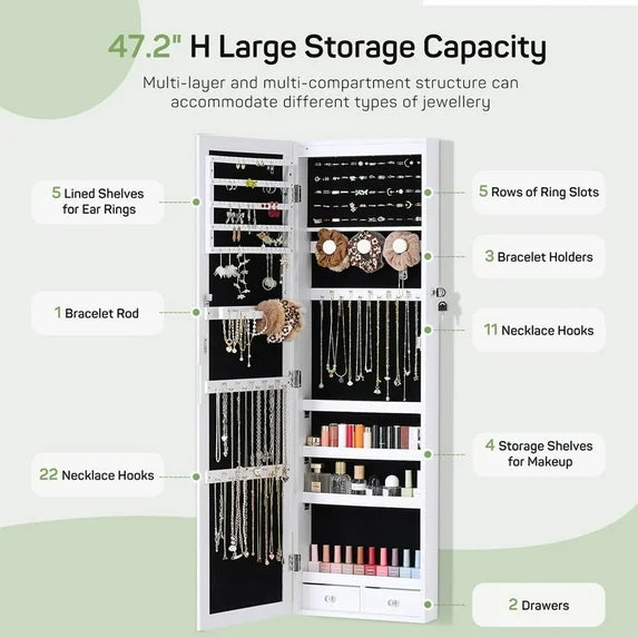 Sybels Wall-Mounted Jewelry Armoire with 6 LED Lights, Full-Length Mirror & Secure Lock