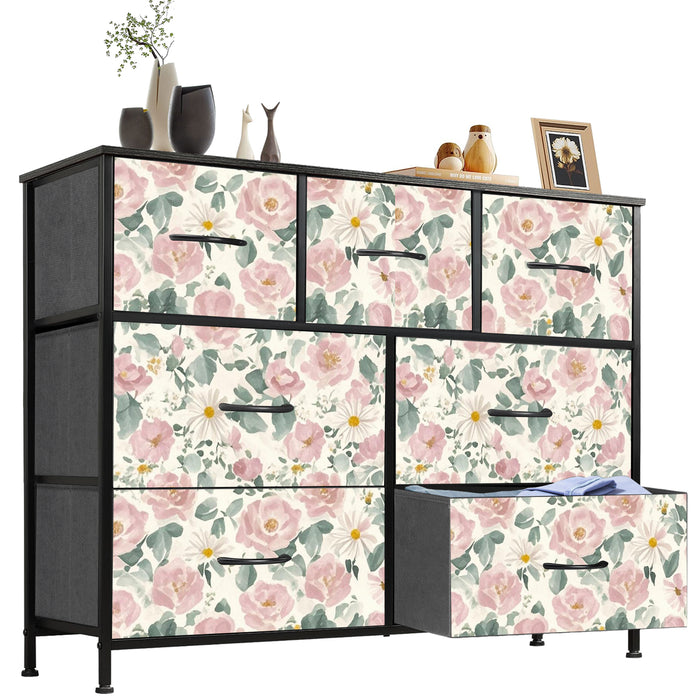 Sybels Dresser with 9 Drawers, Retro Floral Pattern Fabric Bins with Wooden Top for Bedroom, Closet, Nursery Entryway Hall, White