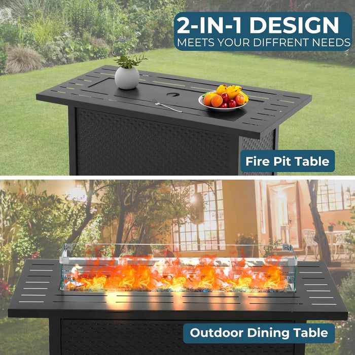 Bigleap Propane Fire Pit 45 Inch Rectangle Outdoor Gas Fire Pits, 50,000 BTU Fire Table with Steel Tabletop, Glass Wind Guard, Blue Glass Stone and Waterproof Cover for Outside Patio, Garden, Deck, Yard