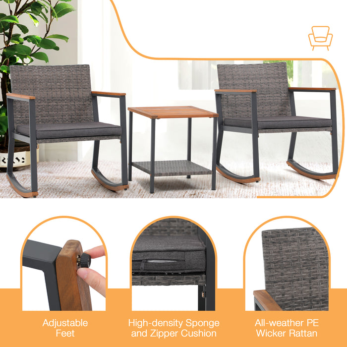 Betcozy 3 Pieces Rocking Bistro Set, Patio Rattan Furniture Conversation Chairs with Coffee Table & Cushions for Balcony Porch Poolside
