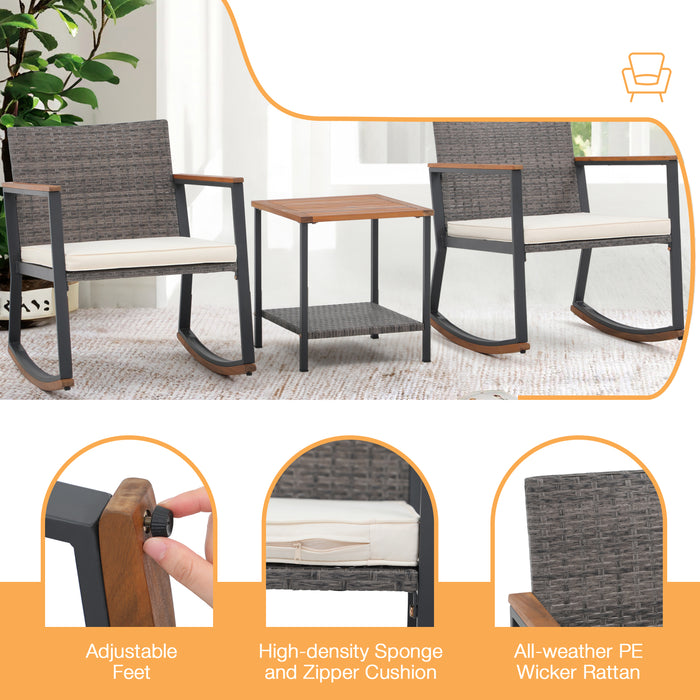 3 Pieces Rocking Bistro Set, Patio Rattan Furniture Conversation Chairs with Coffee Table & Cushions for Balcony Porch Poolside