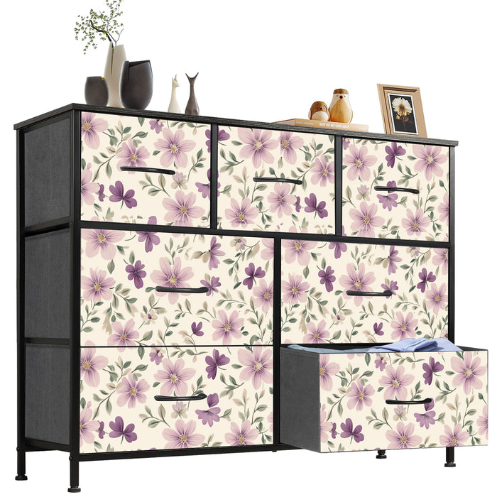 Sybels Dresser with 9 Drawers, Retro Floral Pattern Fabric Bins with Wooden Top for Bedroom, Closet, Nursery Entryway Hall, White