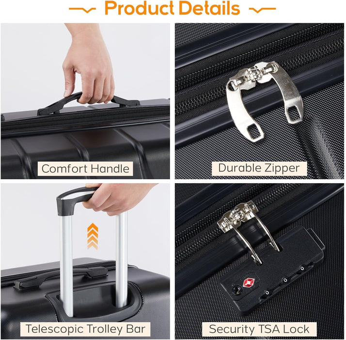 Carry-On Luggage, 24 inch Hard Shell Rolling Suitcase for Travel Expandable Lightweight with Spinner Wheels TSA Lock-Black
