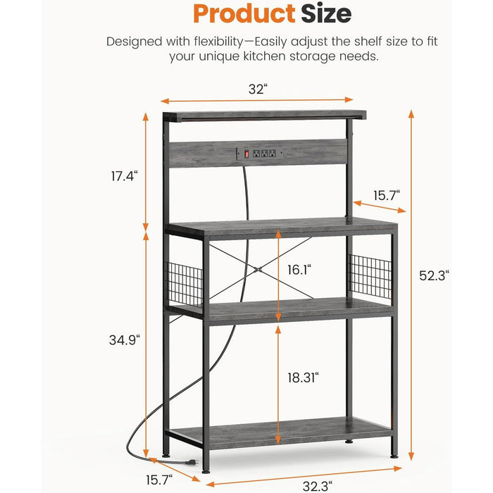Beddle Kitchen Baker's Rack with Power Outlet, 23" Industrial 4-Tier Storage Shelf, Metal Frame with Gray Wood Shelves