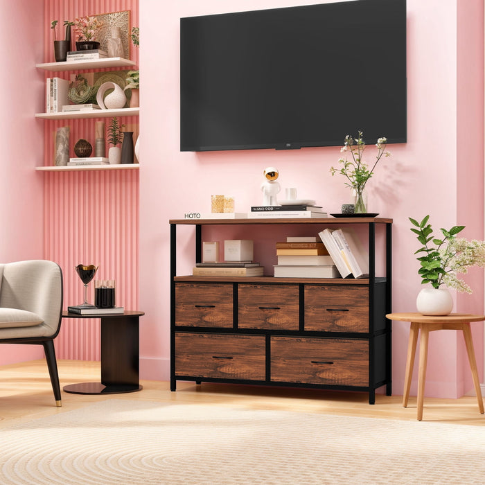 Blorly Small TV Stand, Brown Dresser TV Stand for Bedroom, Entertainment Center for 45 Inch TV with Drawers, Fabric, Adjustable Feet, Living Room
