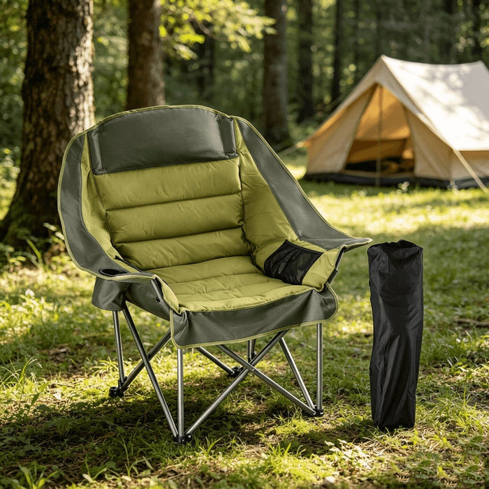 Blorly Oversized Padded Camping Chair, Heavy Duty Folding Camping Chair for Adults, Fully Cushioned Saucer Lounge Chair with Cup Holder and Carry Bag, Supports 500 lbs, Green