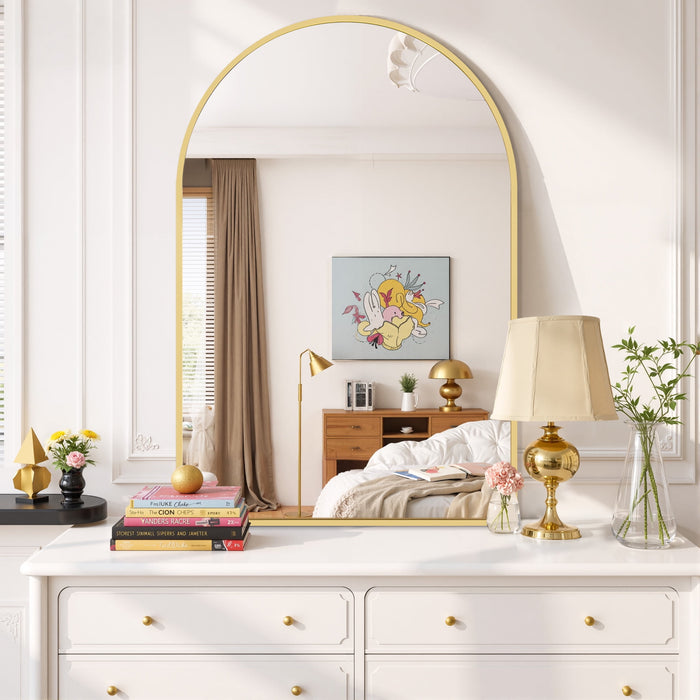 Blorly Bathroom Mirror, 26"X38" Inch Gold Wall Vanity Arch Mirror, Rounded Arch Mirror, Anti-Rust, Tempered Glass, Hangs Vertically