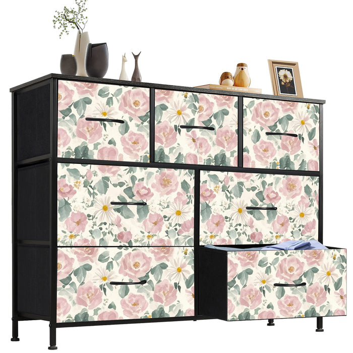 Sybels Dresser with 9 Drawers, Retro Floral Pattern Fabric Bins with Wooden Top for Bedroom, Closet, Nursery Entryway Hall, White