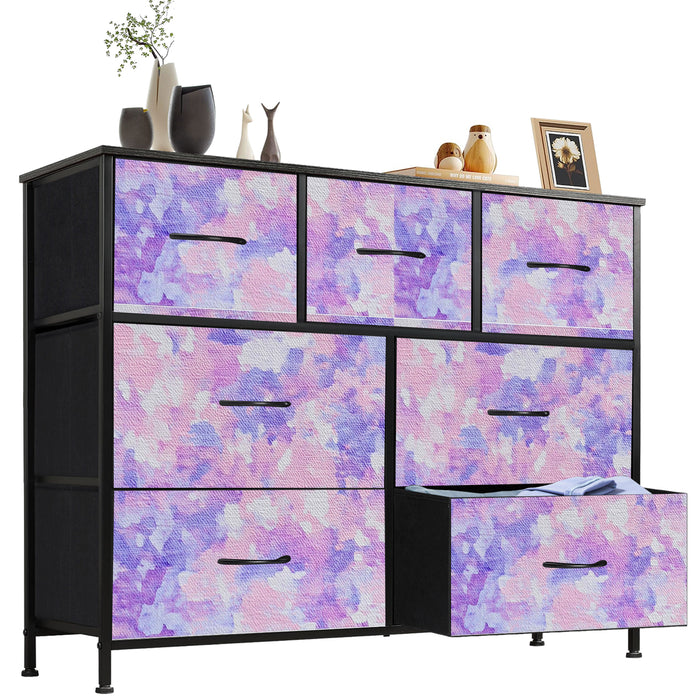 Sybels Dresser with 9 Drawers, Retro Floral Pattern Fabric Bins with Wooden Top for Bedroom, Closet, Nursery Entryway Hall, White