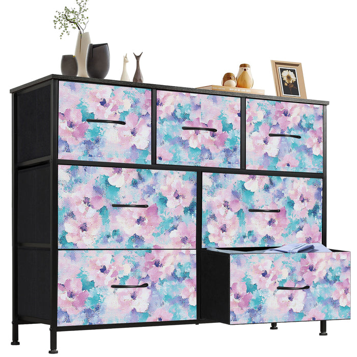 Sybels Dresser with 9 Drawers, Retro Floral Pattern Fabric Bins with Wooden Top for Bedroom, Closet, Nursery Entryway Hall, White